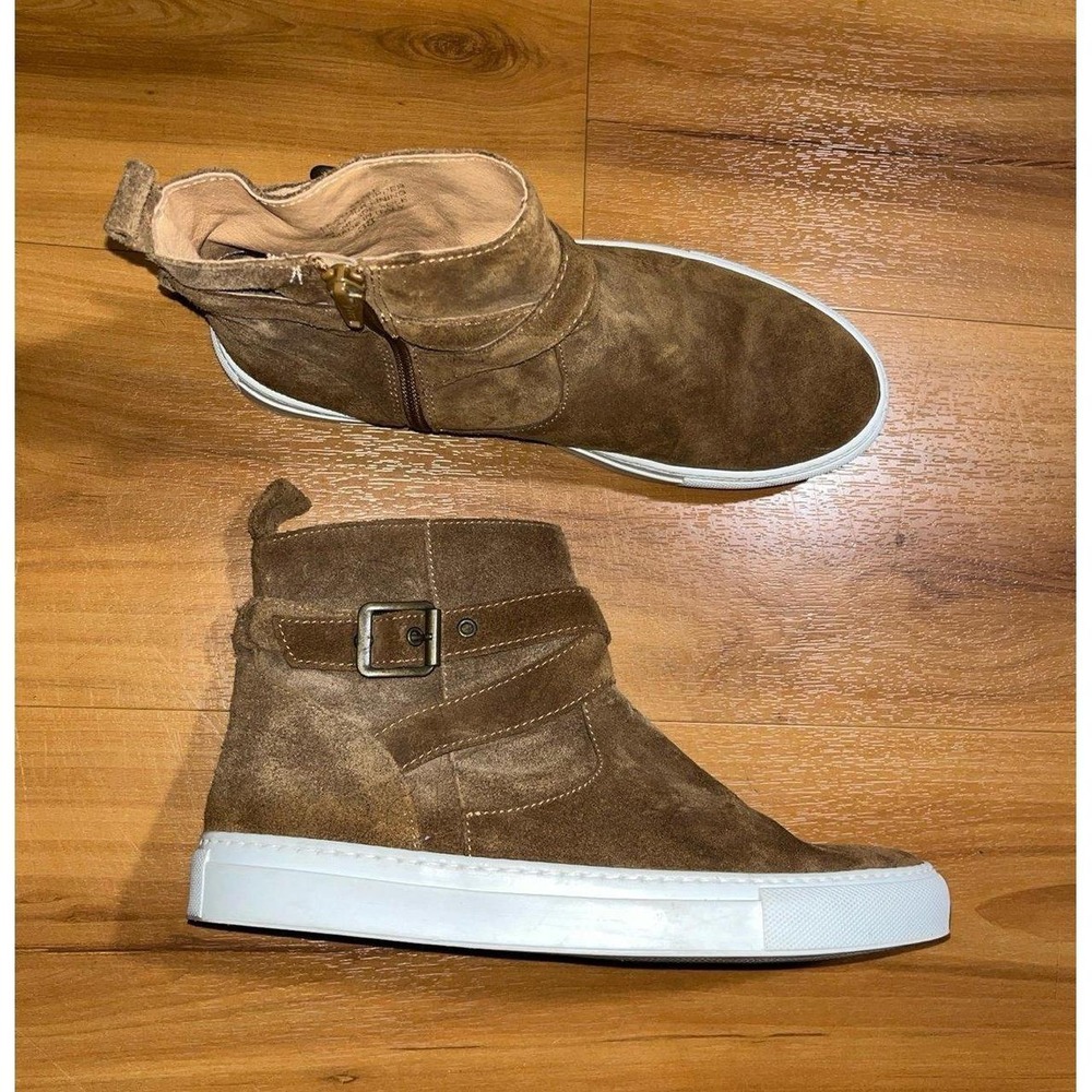 Womens Garnet Hill Enna Nubuck Brown Leather Strap Ankle Zip Up Sneaker
